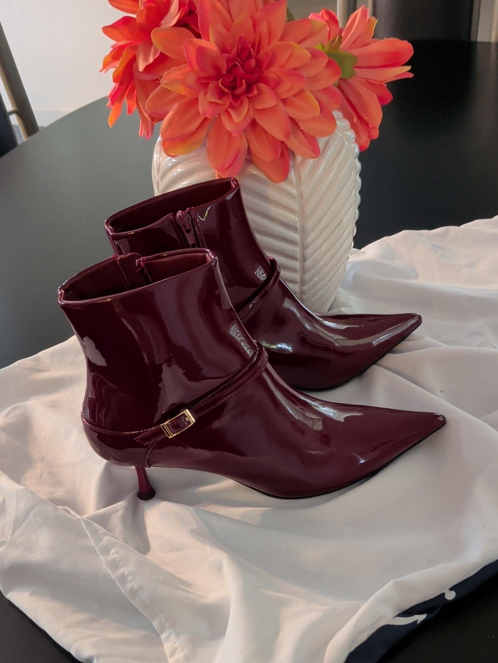 JustFab Patent Pointed Ankle Booties in Burgundy